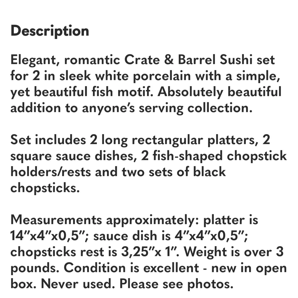 Crate&Barrel 8 Piece Sushi Set For Two - Brand New! 🍣🍤🍣🍤